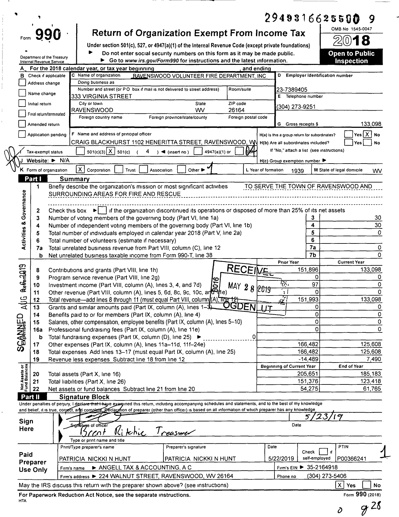 Image of first page of 2018 Form 990O for Ravenswood Volunteer Fire Department