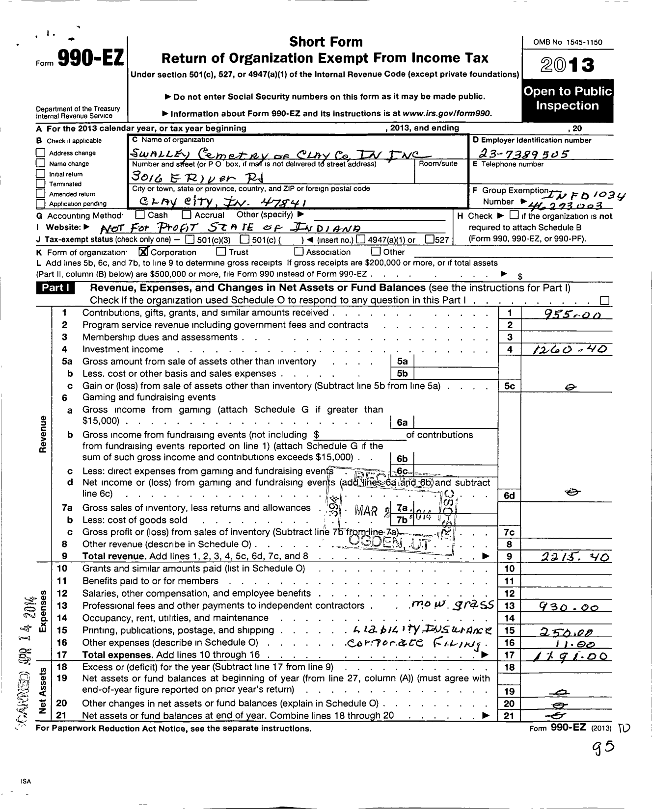 Image of first page of 2013 Form 990EO for Swalley Cemetery of Clay Indiana