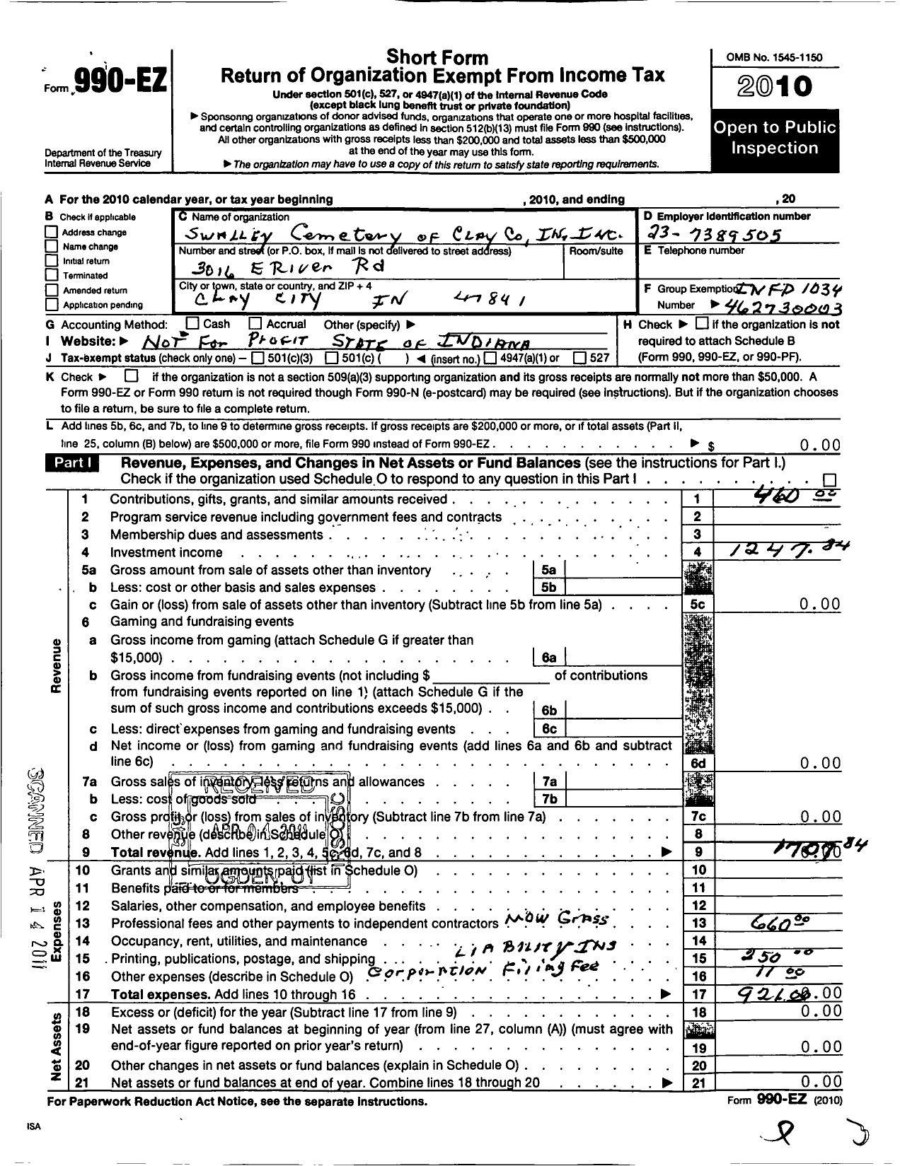 Image of first page of 2010 Form 990EO for Swalley Cemetery of Clay Indiana