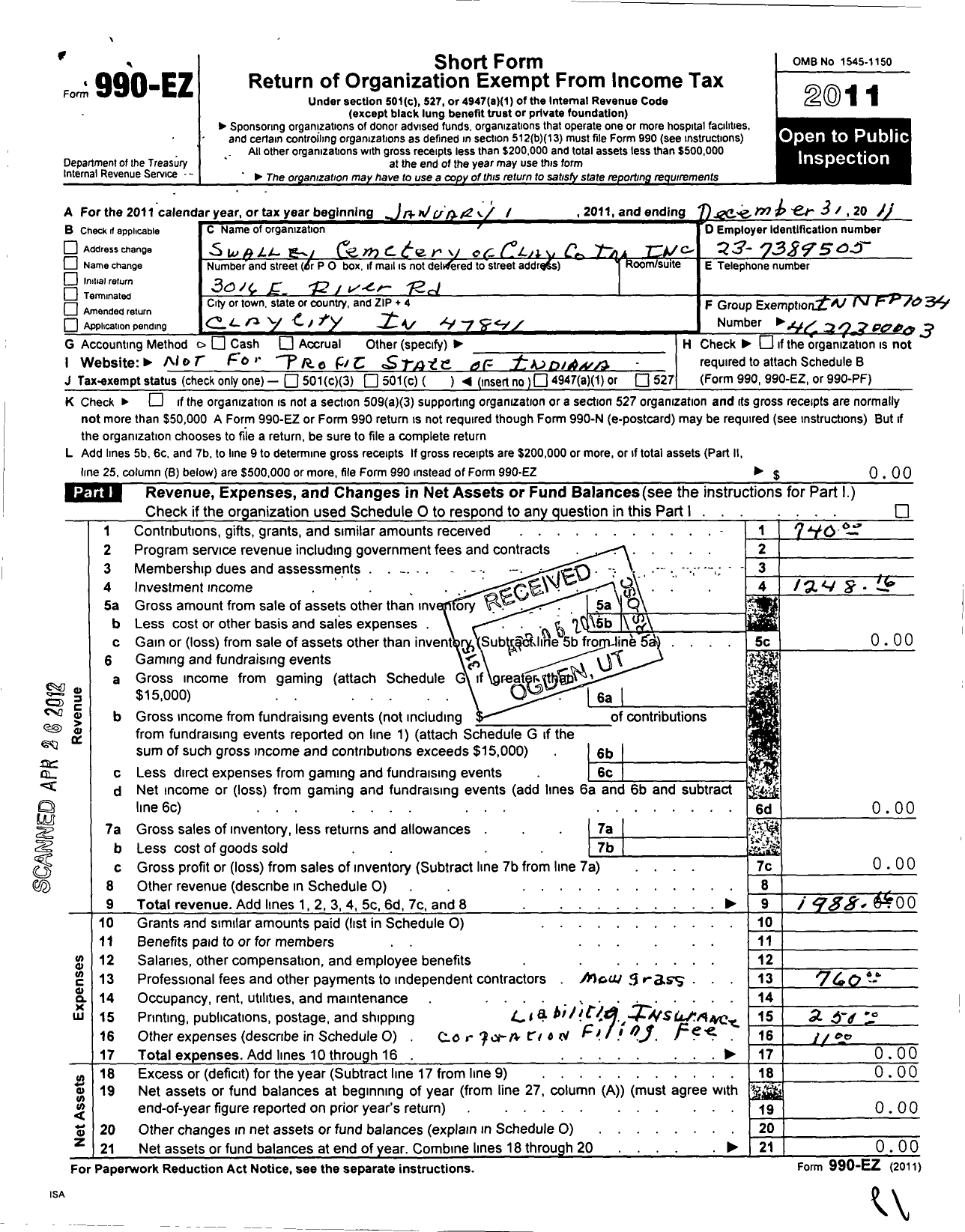 Image of first page of 2011 Form 990EO for Swalley Cemetery of Clay Indiana