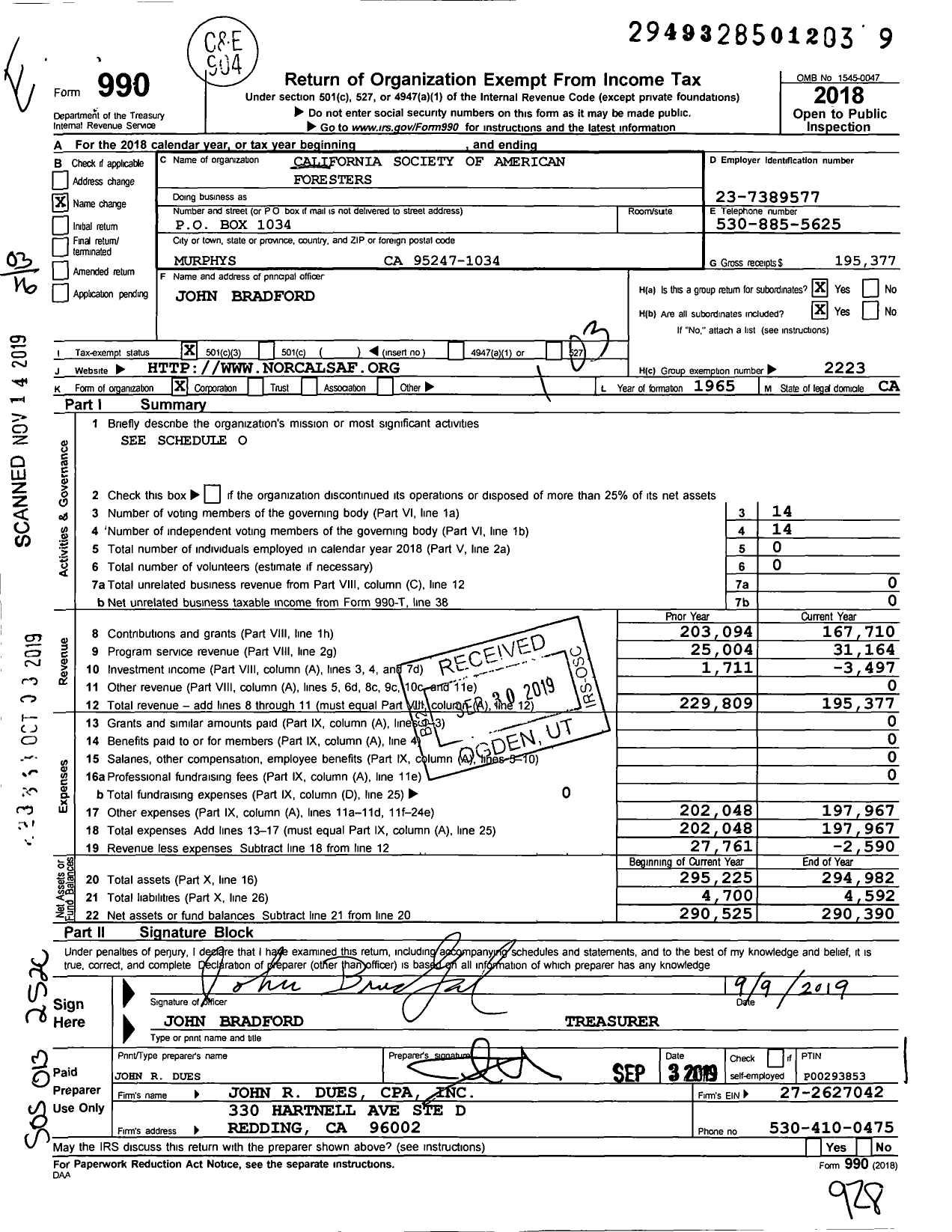 Image of first page of 2018 Form 990 for California Society of American Foresters