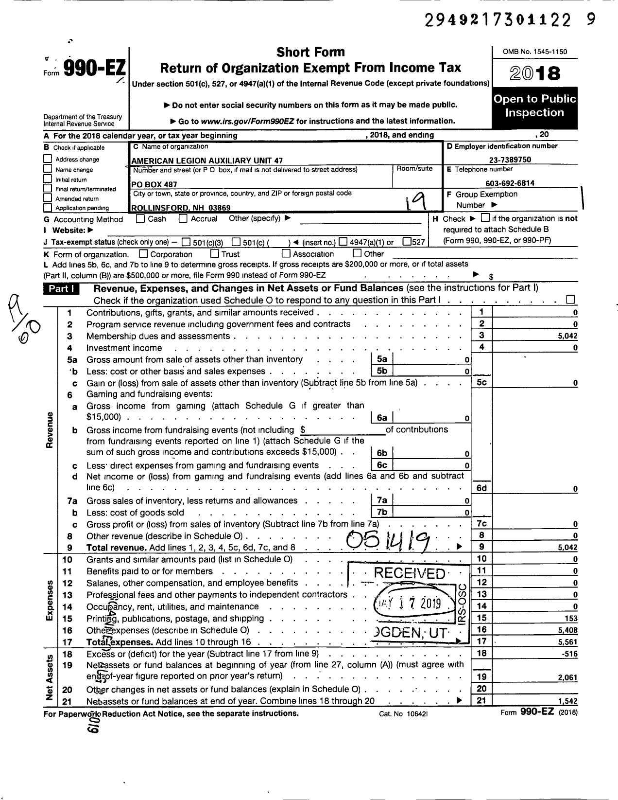 Image of first page of 2018 Form 990EO for American Legion Auxiliary - 47 Martel-Roberge