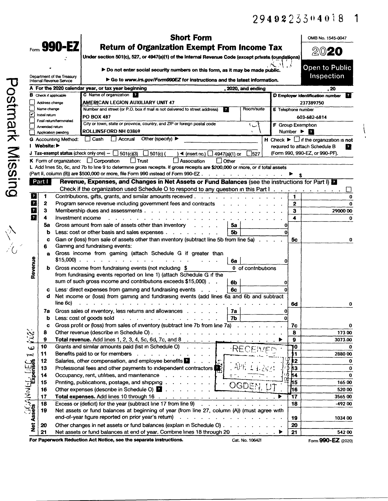 Image of first page of 2020 Form 990EO for American Legion Auxiliary - 47 Martel-Roberge