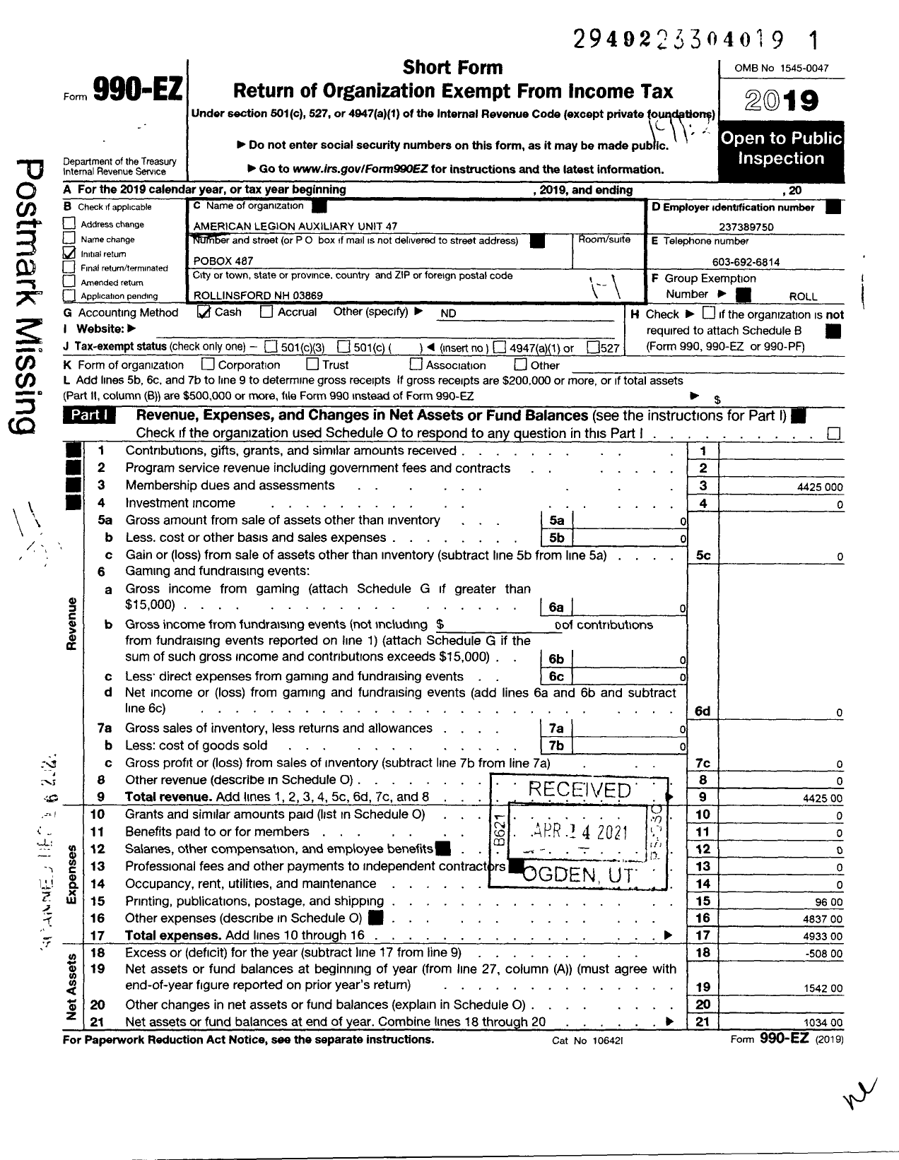 Image of first page of 2019 Form 990EO for American Legion Auxiliary - 47 Martel-Roberge