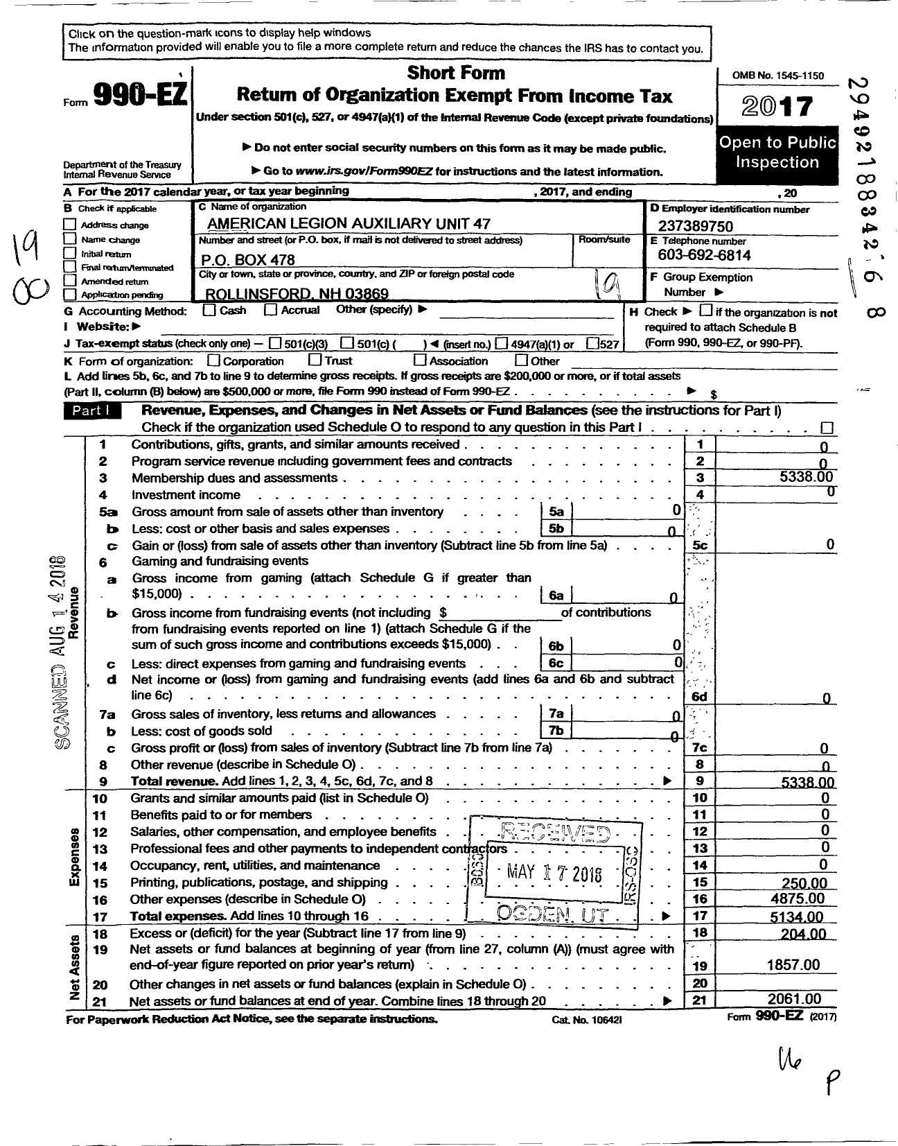 Image of first page of 2017 Form 990EO for American Legion Auxiliary - 47 Martel-Roberge