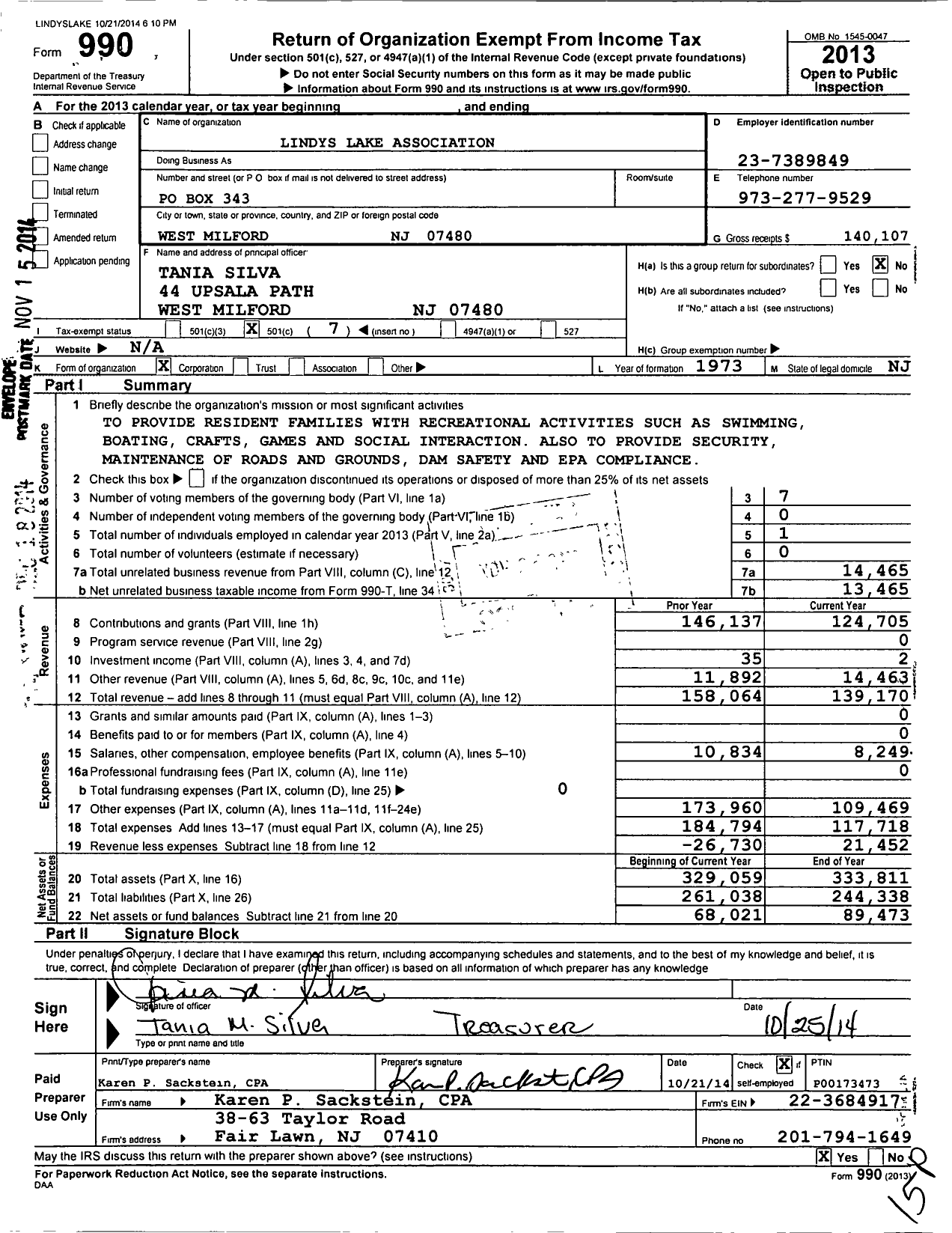 Image of first page of 2013 Form 990O for Lindys Lake Association