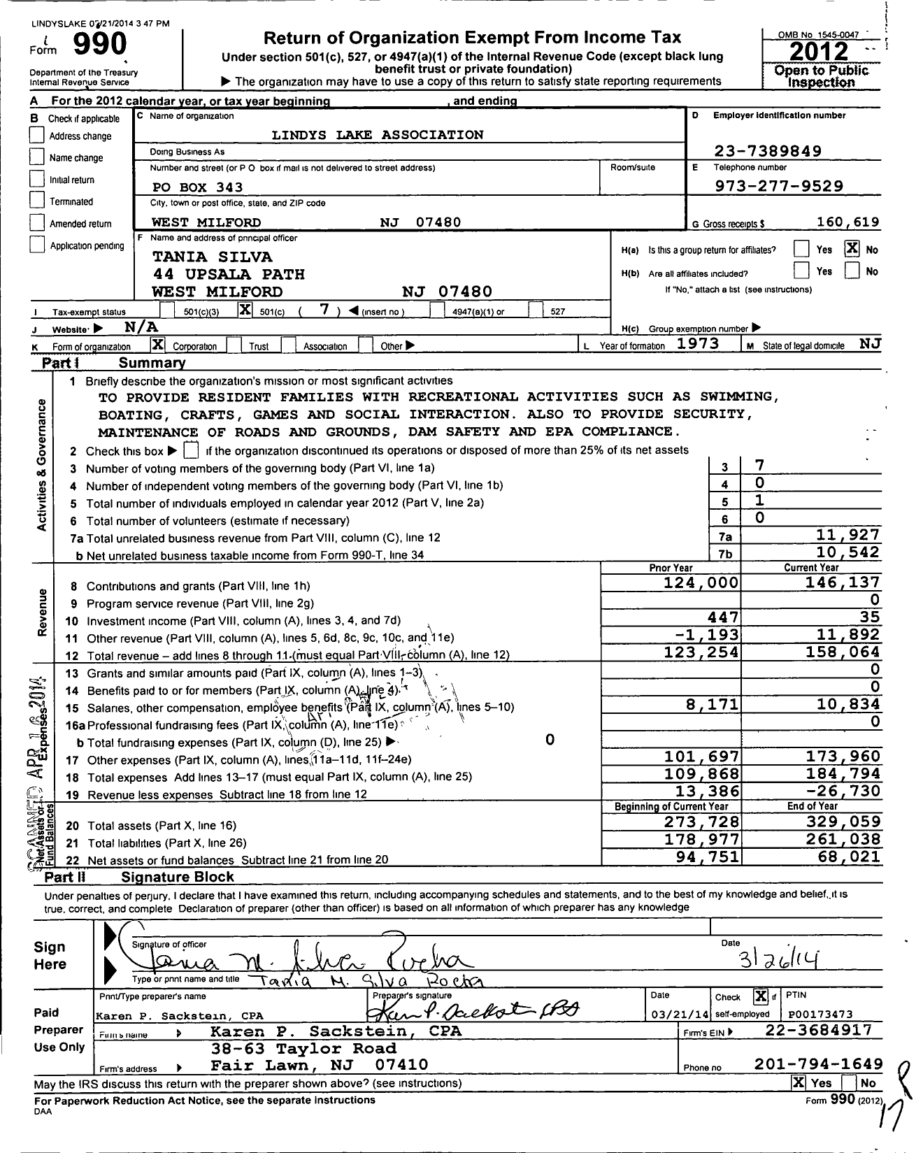 Image of first page of 2012 Form 990O for Lindys Lake Association