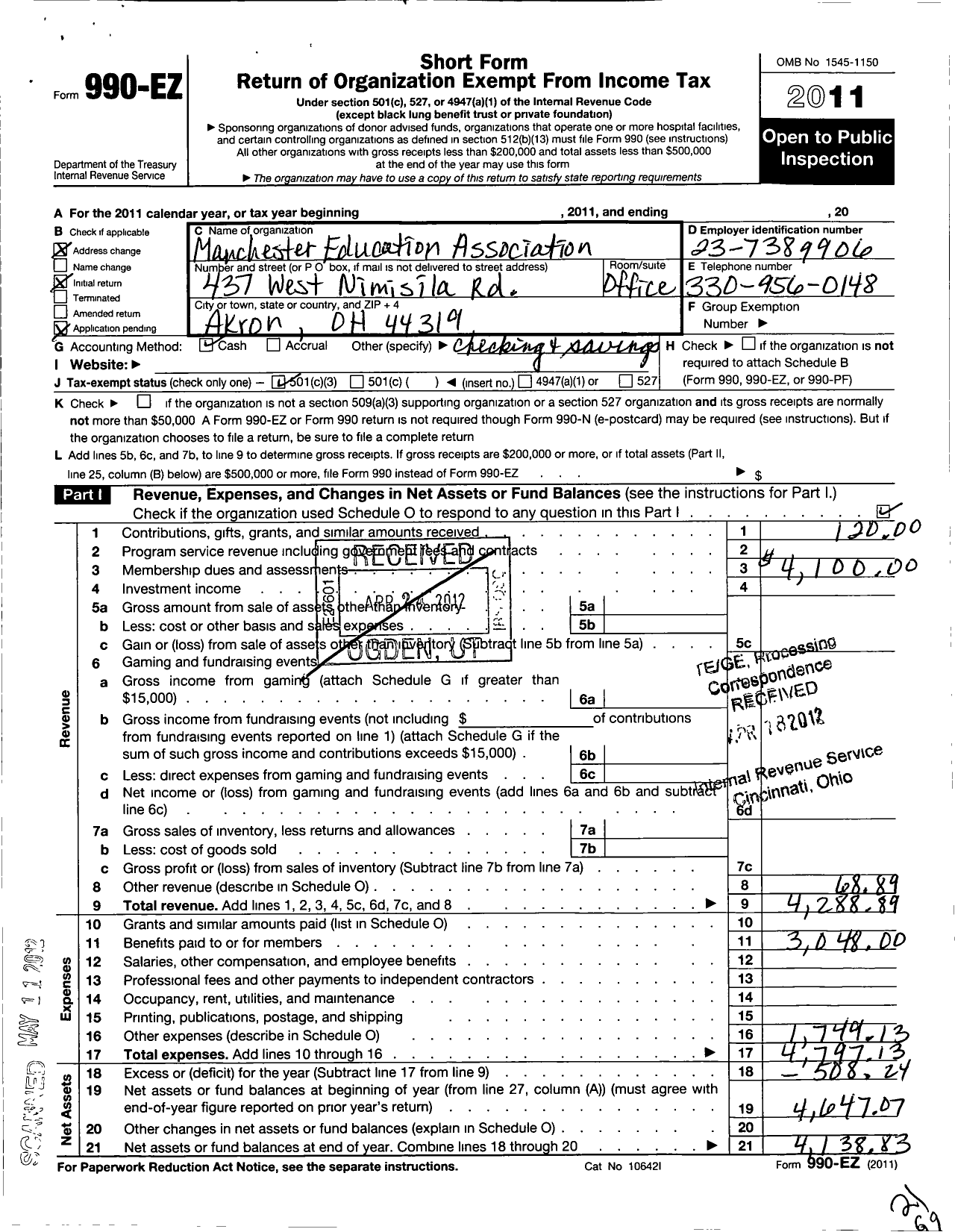 Image of first page of 2011 Form 990EZ for Manchester Education Association