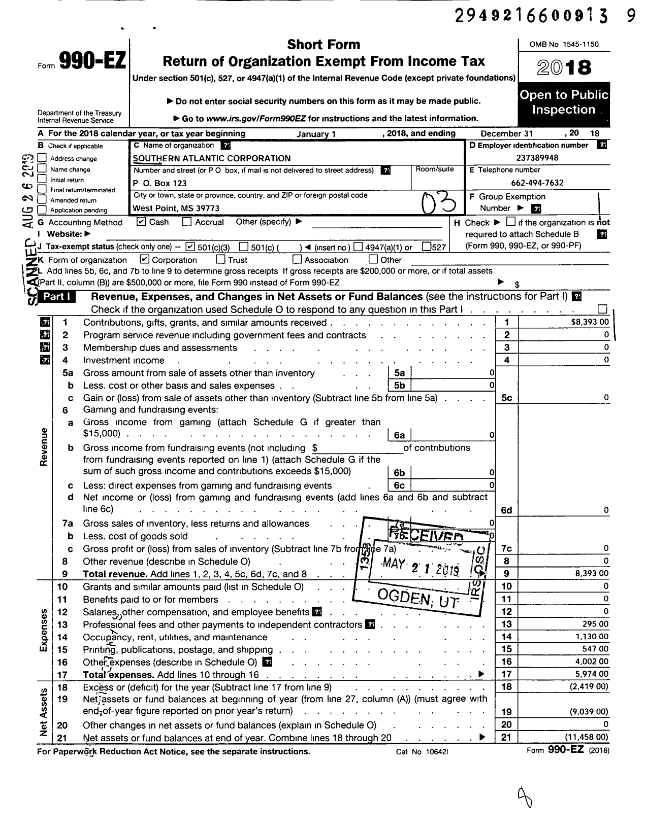 Image of first page of 2018 Form 990EZ for Southern Atlantic Corporation