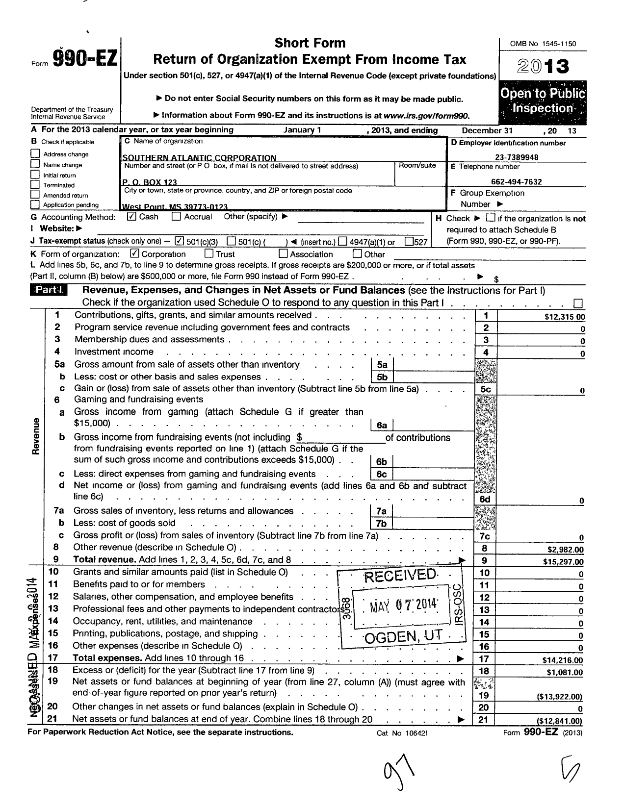 Image of first page of 2013 Form 990EZ for Southern Atlantic Corporation