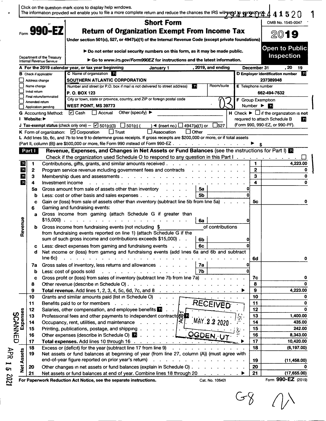 Image of first page of 2019 Form 990EZ for Southern Atlantic Corporation