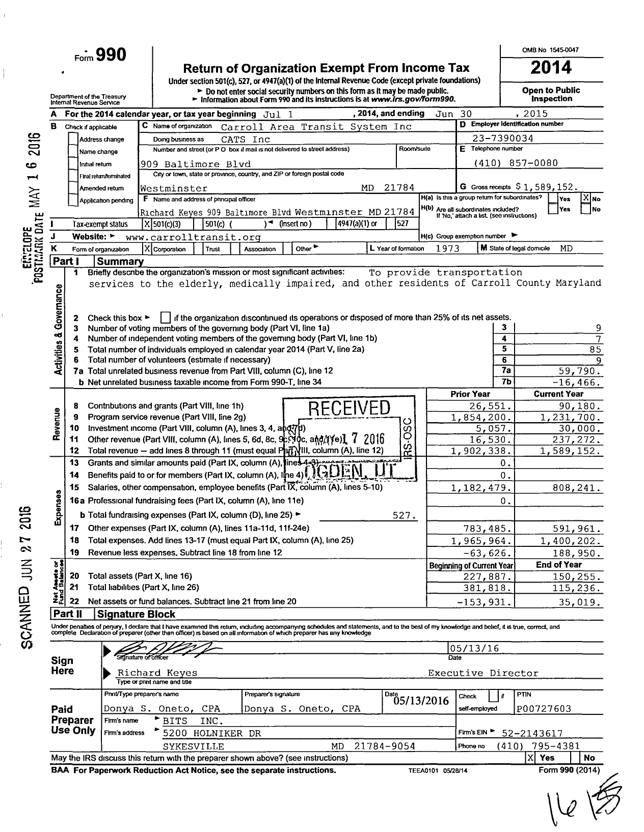 Image of first page of 2014 Form 990 for Carroll Area Transit System