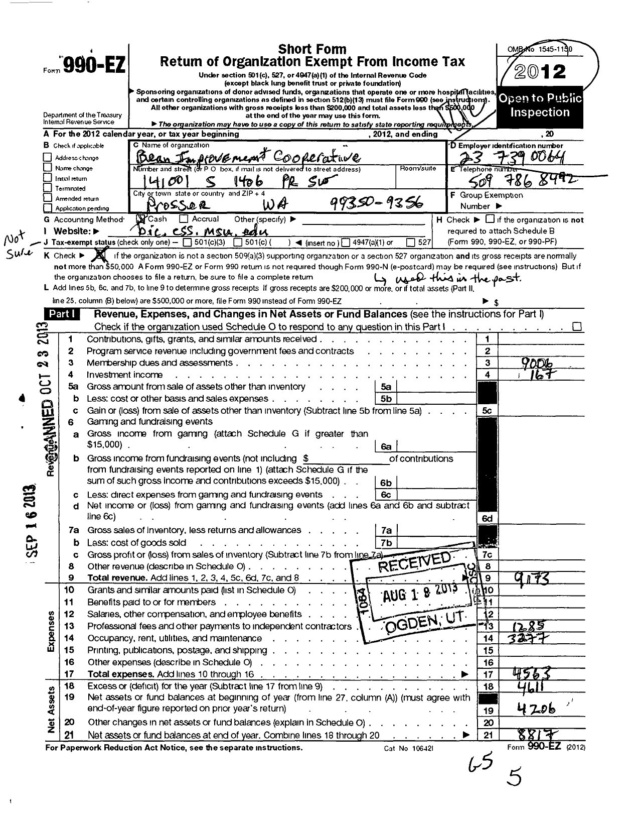 Image of first page of 2012 Form 990EO for Bean Improvement Cooperative