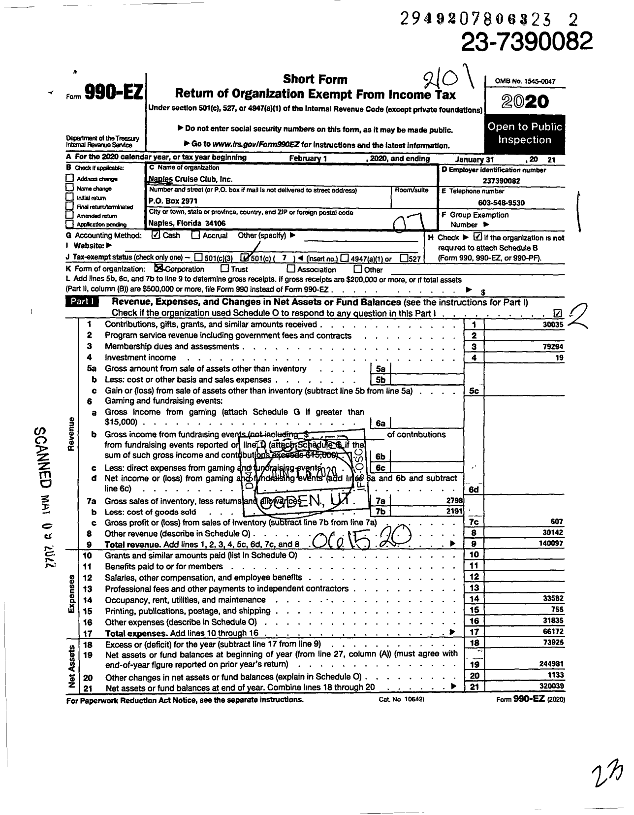 Image of first page of 2020 Form 990EO for Naples Cruise Club