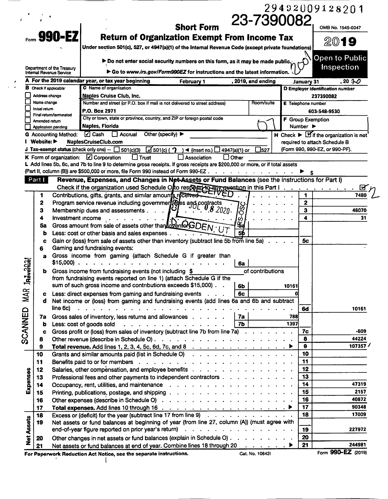 Image of first page of 2019 Form 990EO for Naples Cruise Club