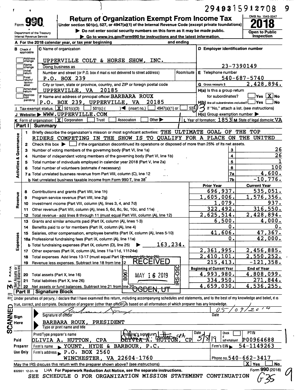Image of first page of 2018 Form 990 for Upperville Colt and Horse Show