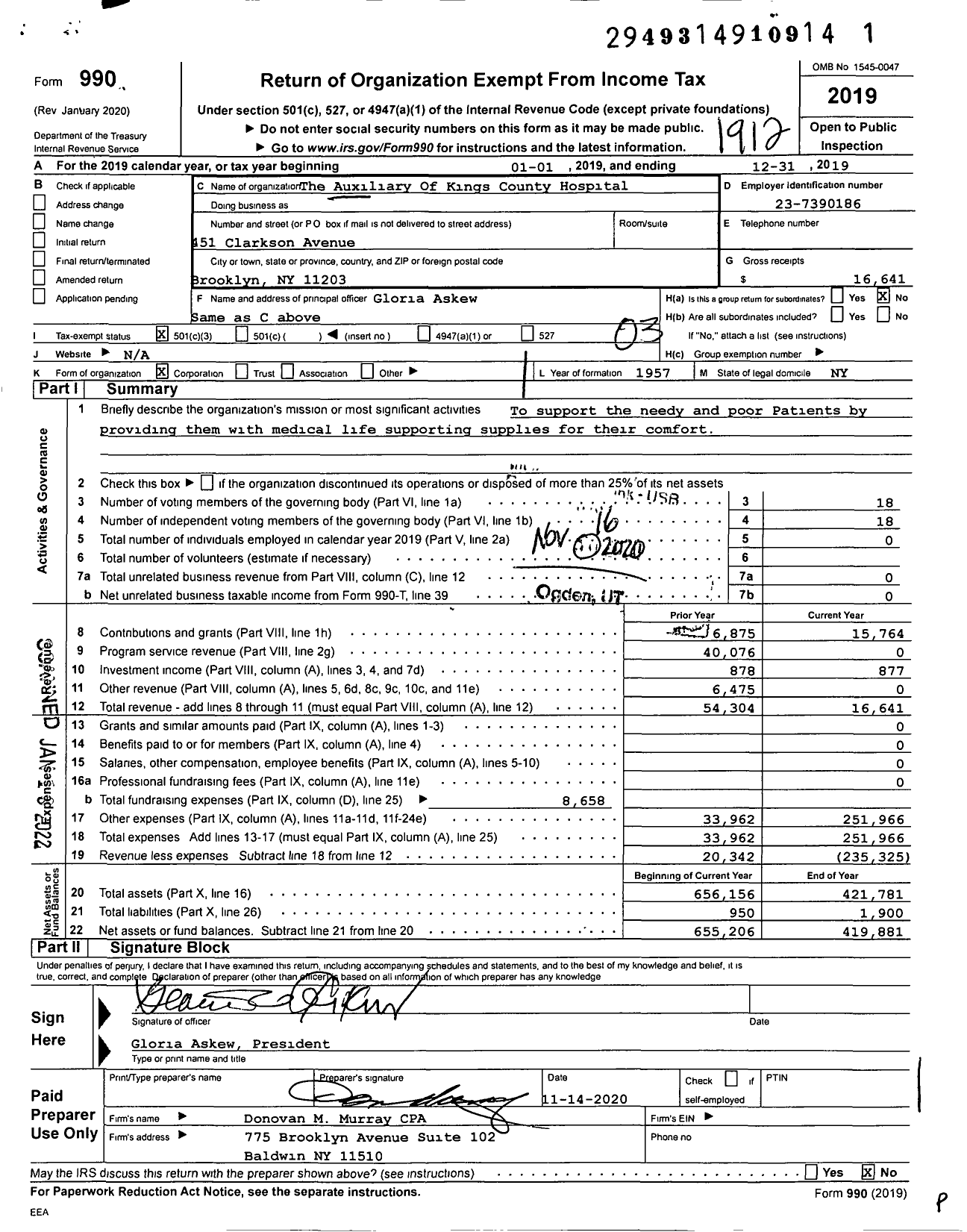 Image of first page of 2019 Form 990 for The Auxiliary Of Kings County Hospital