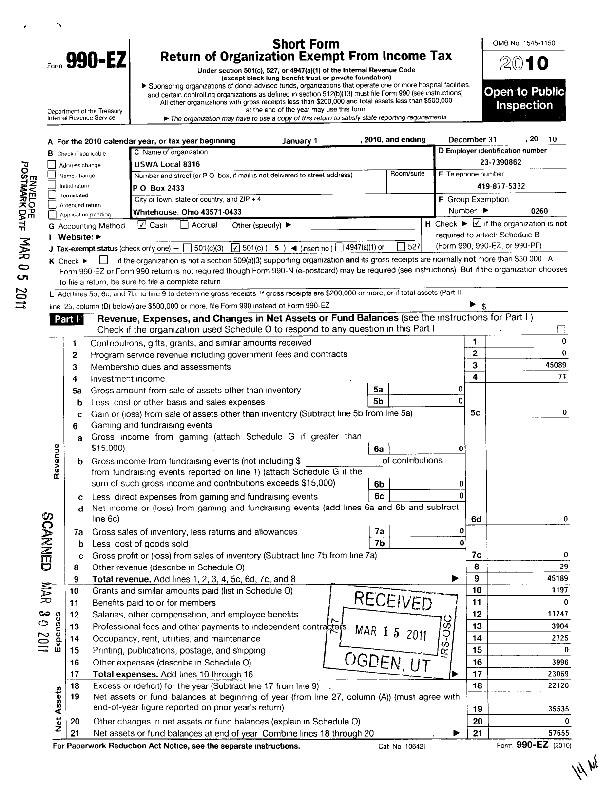 Image of first page of 2010 Form 990EO for United Steelworkers - 8316 Local District 1