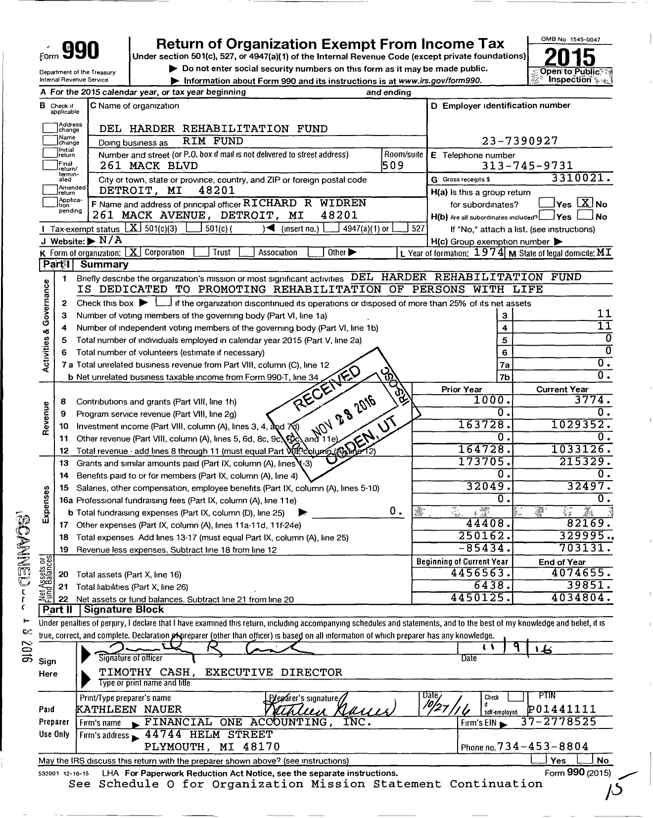 Image of first page of 2015 Form 990 for Rim Fund