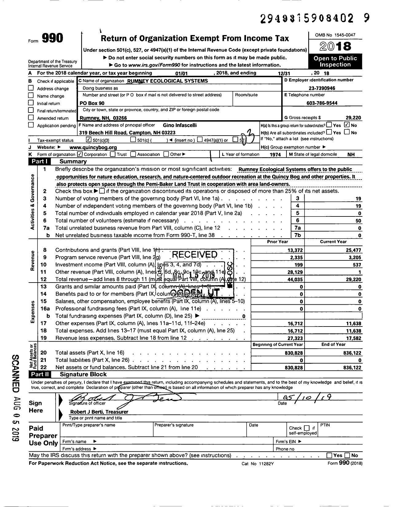 Image of first page of 2018 Form 990 for Rumney Ecological Systems