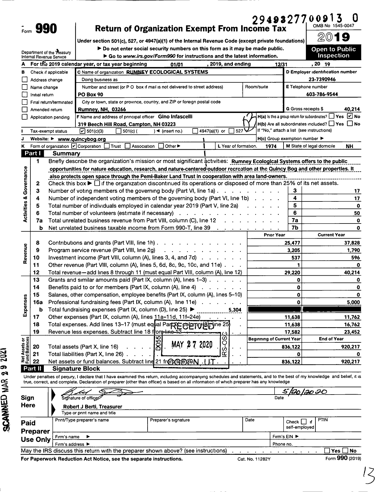 Image of first page of 2019 Form 990 for Rumney Ecological Systems