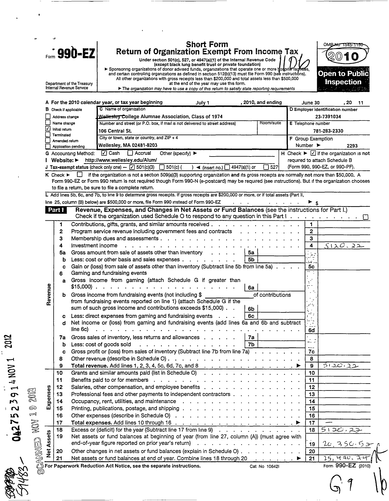 Image of first page of 2010 Form 990EZ for Wellesley College Alumnae Association - 1974 Class