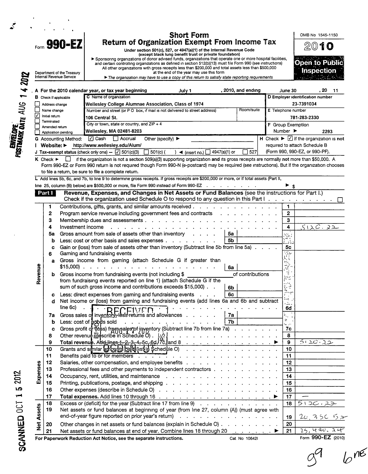 Image of first page of 2010 Form 990EZ for Wellesley College Alumnae Association - 1974 Class