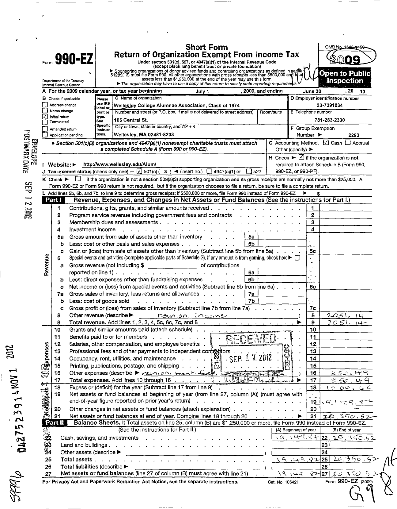 Image of first page of 2009 Form 990EZ for Wellesley College Alumnae Association - 1974 Class