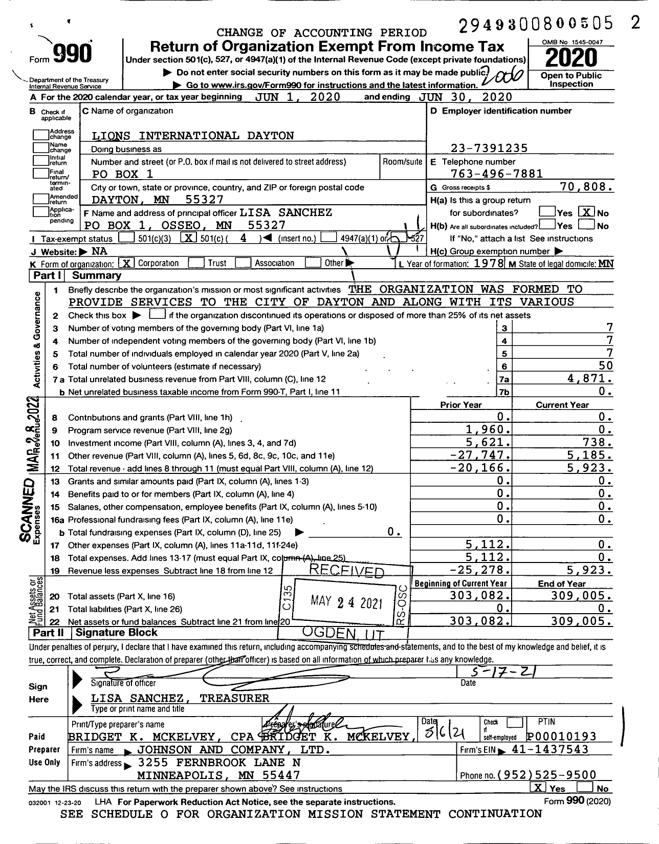 Image of first page of 2019 Form 990O for Lions Clubs - 29449 Dayton