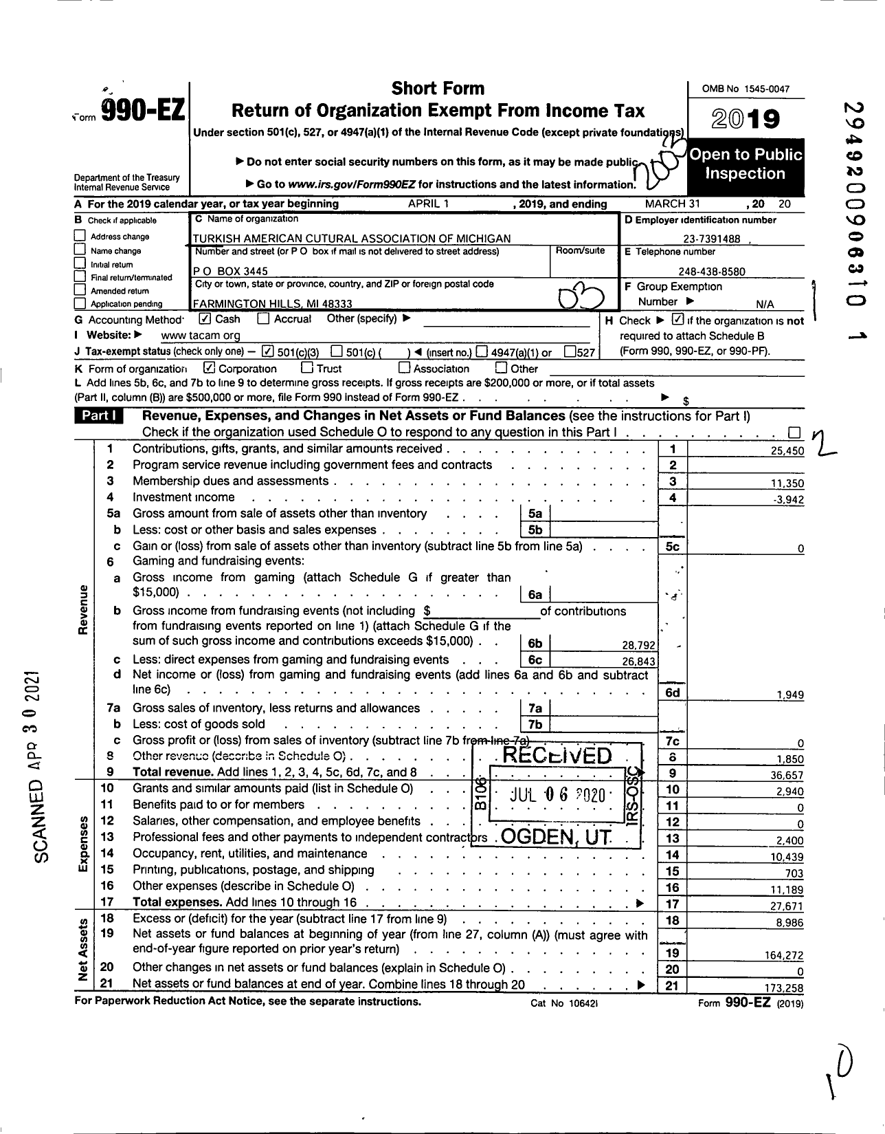 Image of first page of 2019 Form 990EZ for Turkish American Cultural Association of Michigan