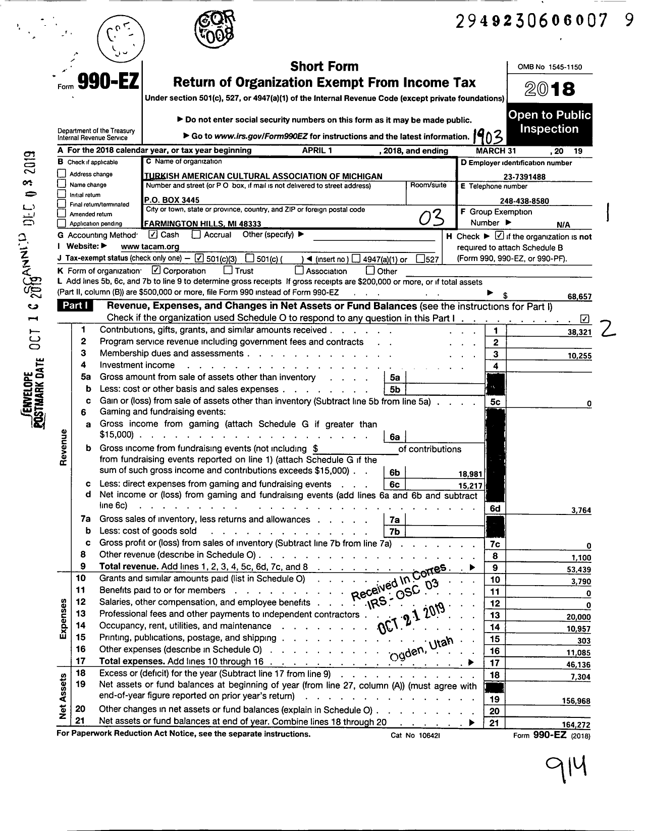 Image of first page of 2018 Form 990EZ for Turkish American Cultural Association of Michigan