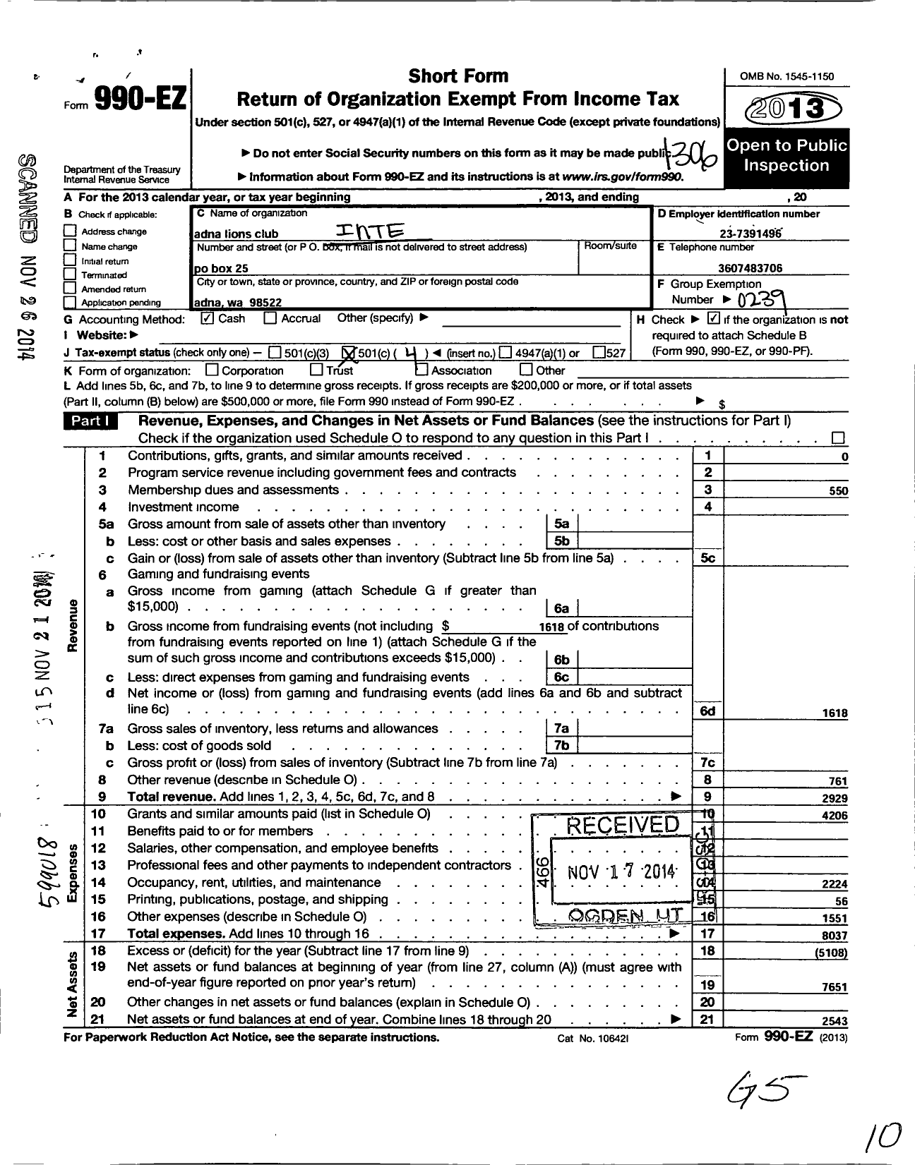 Image of first page of 2012 Form 990EO for Lions Clubs - 28095 Adna