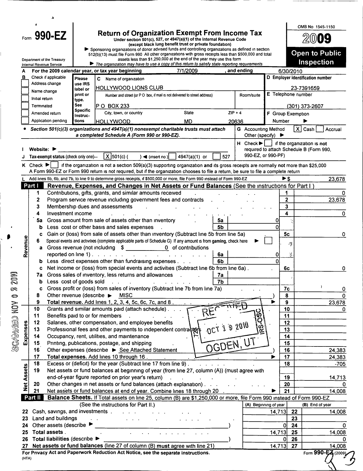 Image of first page of 2009 Form 990EO for Lions Clubs - 29101 Hollywood