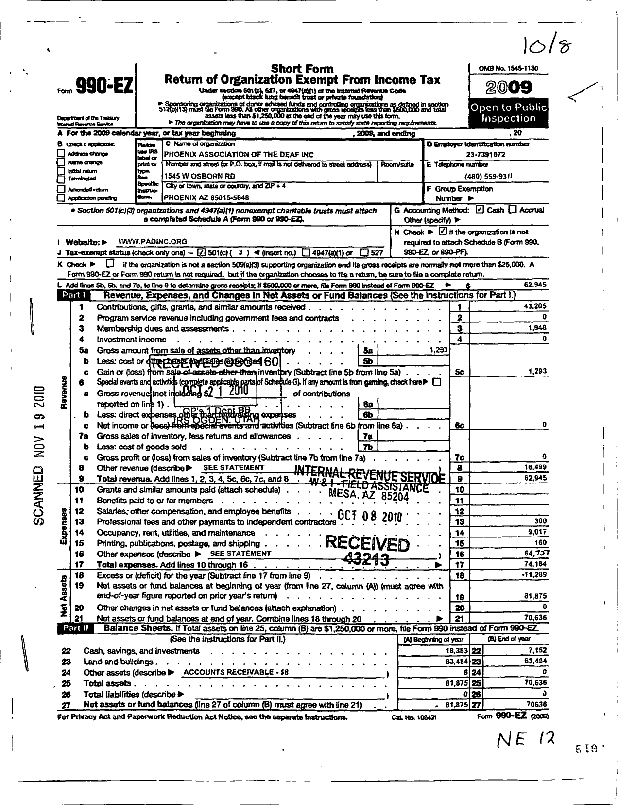 Image of first page of 2009 Form 990EZ for Phoenix Association of the Deaf