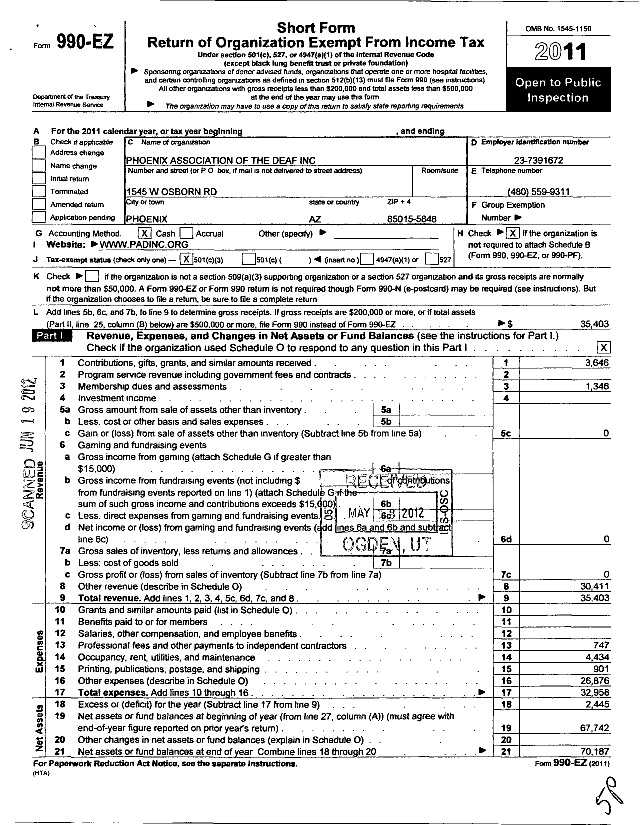 Image of first page of 2011 Form 990EZ for Phoenix Association of the Deaf