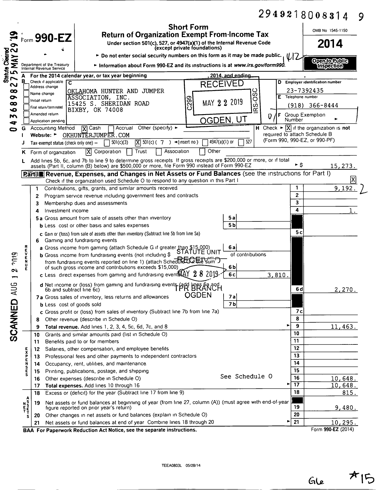 Image of first page of 2014 Form 990EO for Oklahoma Hunter and Jumper Association