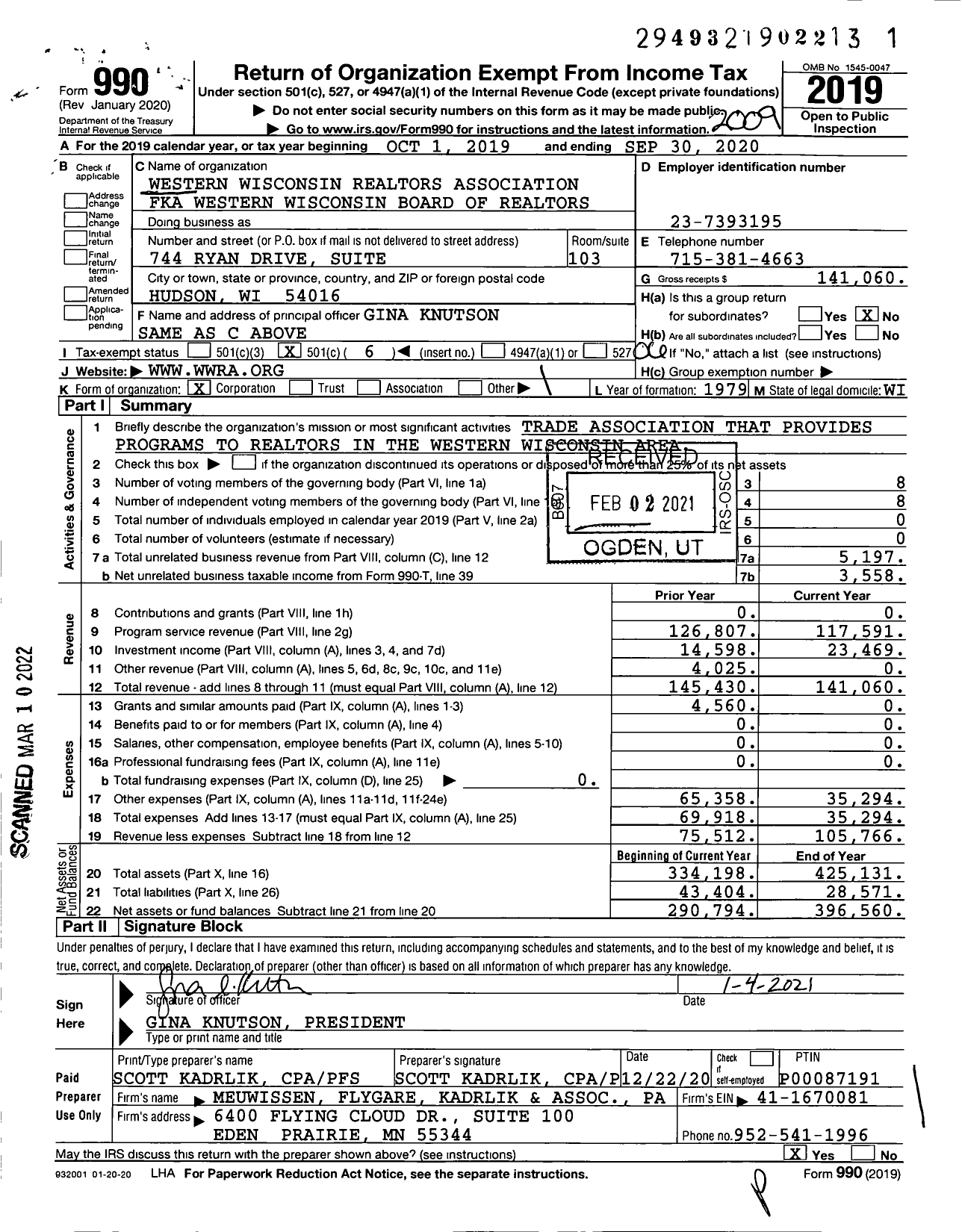 Image of first page of 2019 Form 990O for Western Wisconsin Realtors Association