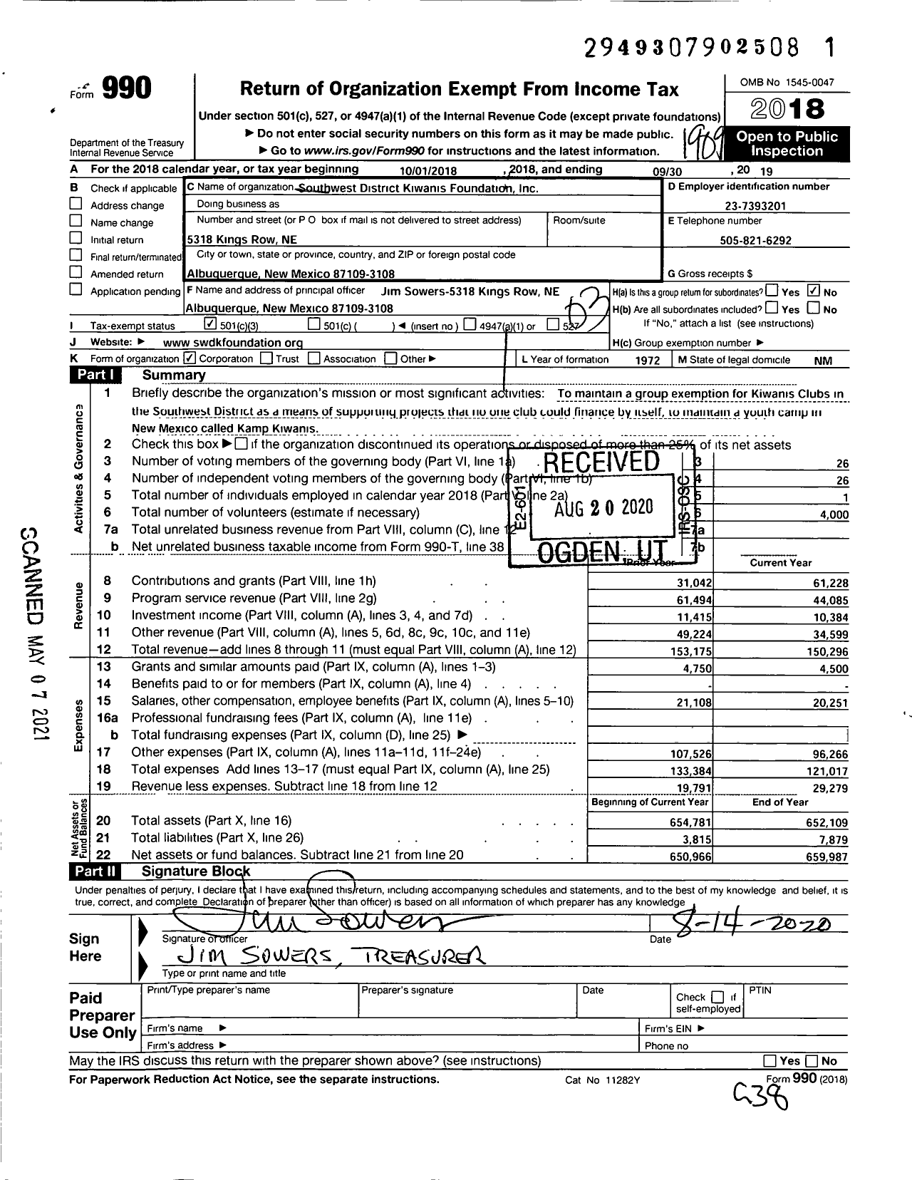 Image of first page of 2018 Form 990 for SouthWest District Kiwanis Foundation