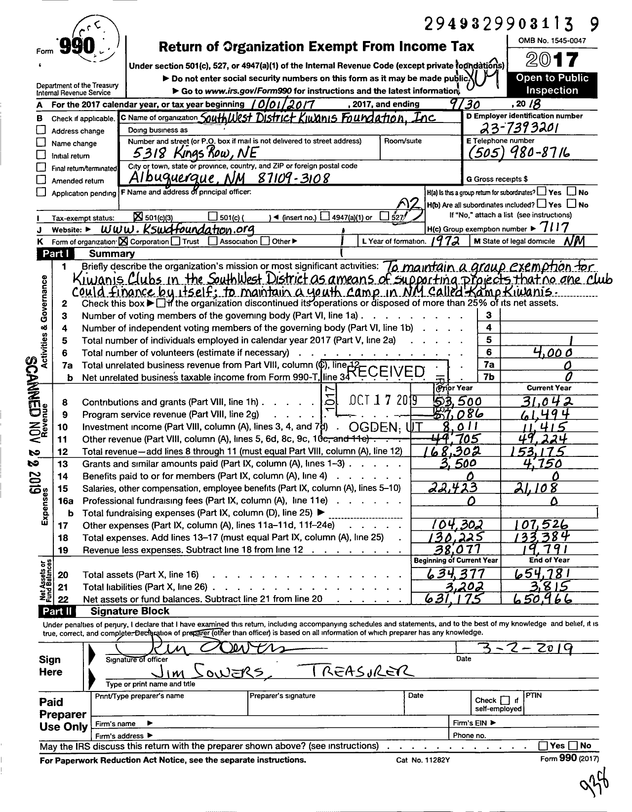 Image of first page of 2017 Form 990 for SouthWest District Kiwanis Foundation