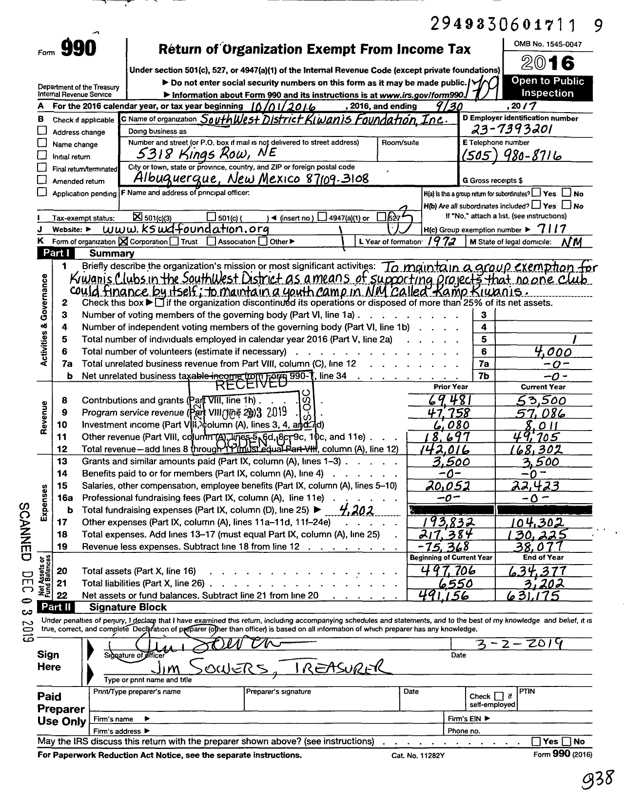 Image of first page of 2016 Form 990 for SouthWest District Kiwanis Foundation