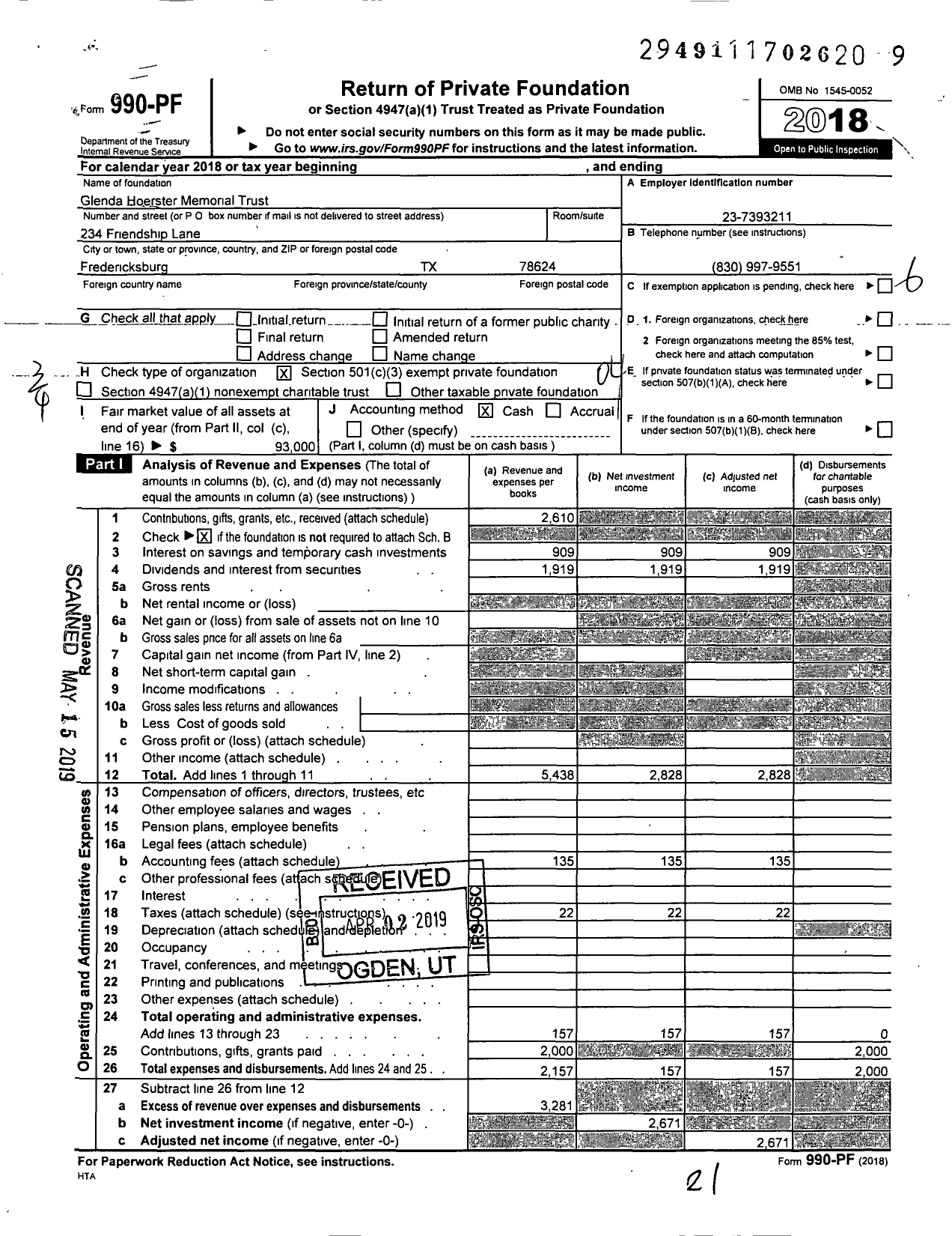 Image of first page of 2018 Form 990PF for Glenda Hoerster Memorial Trust