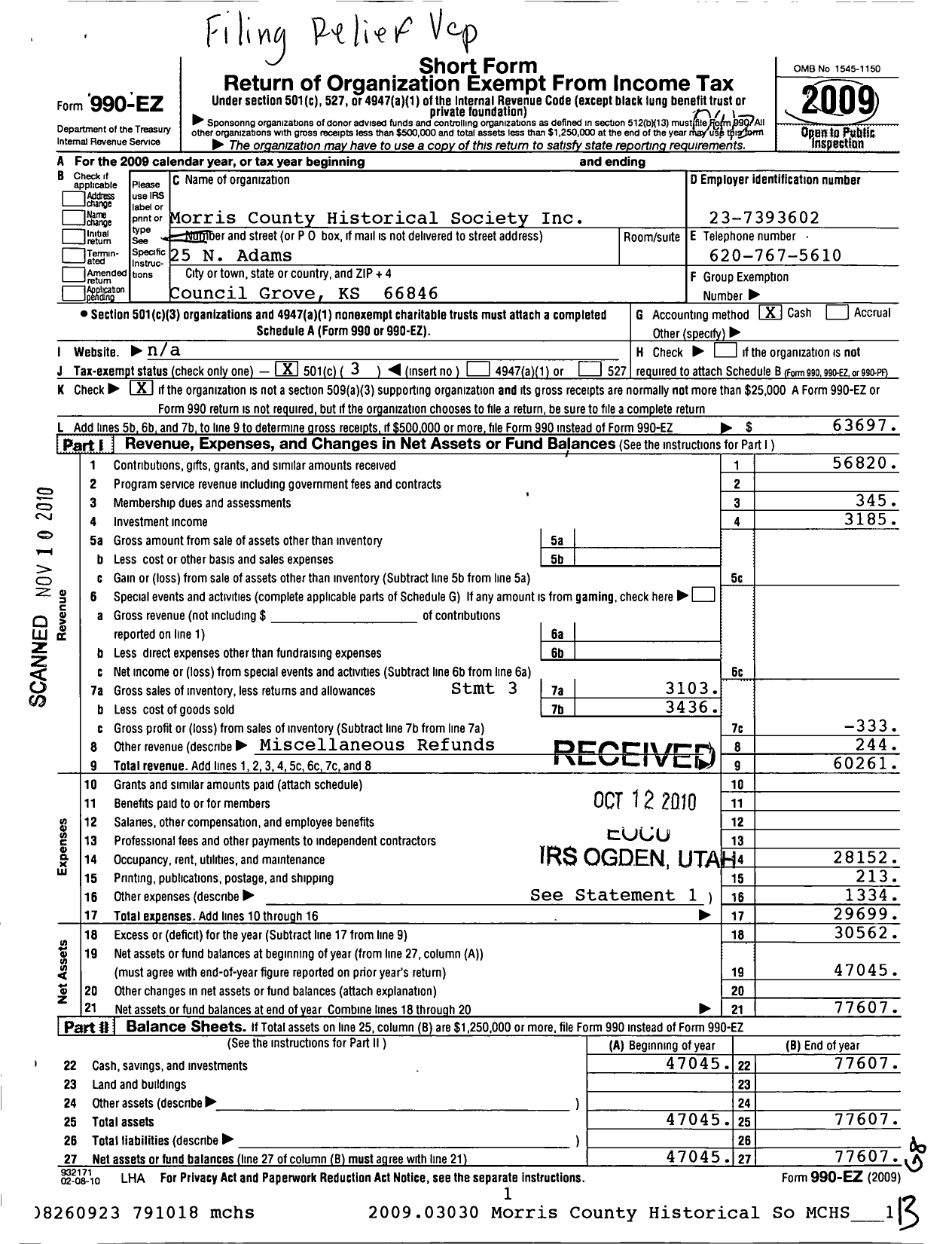 Image of first page of 2009 Form 990EZ for Morris County Historical Society Incorporated