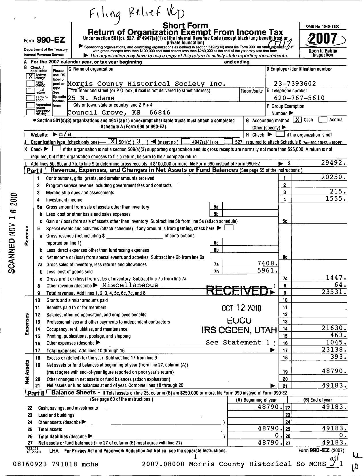 Image of first page of 2007 Form 990EZ for Morris County Historical Society Incorporated