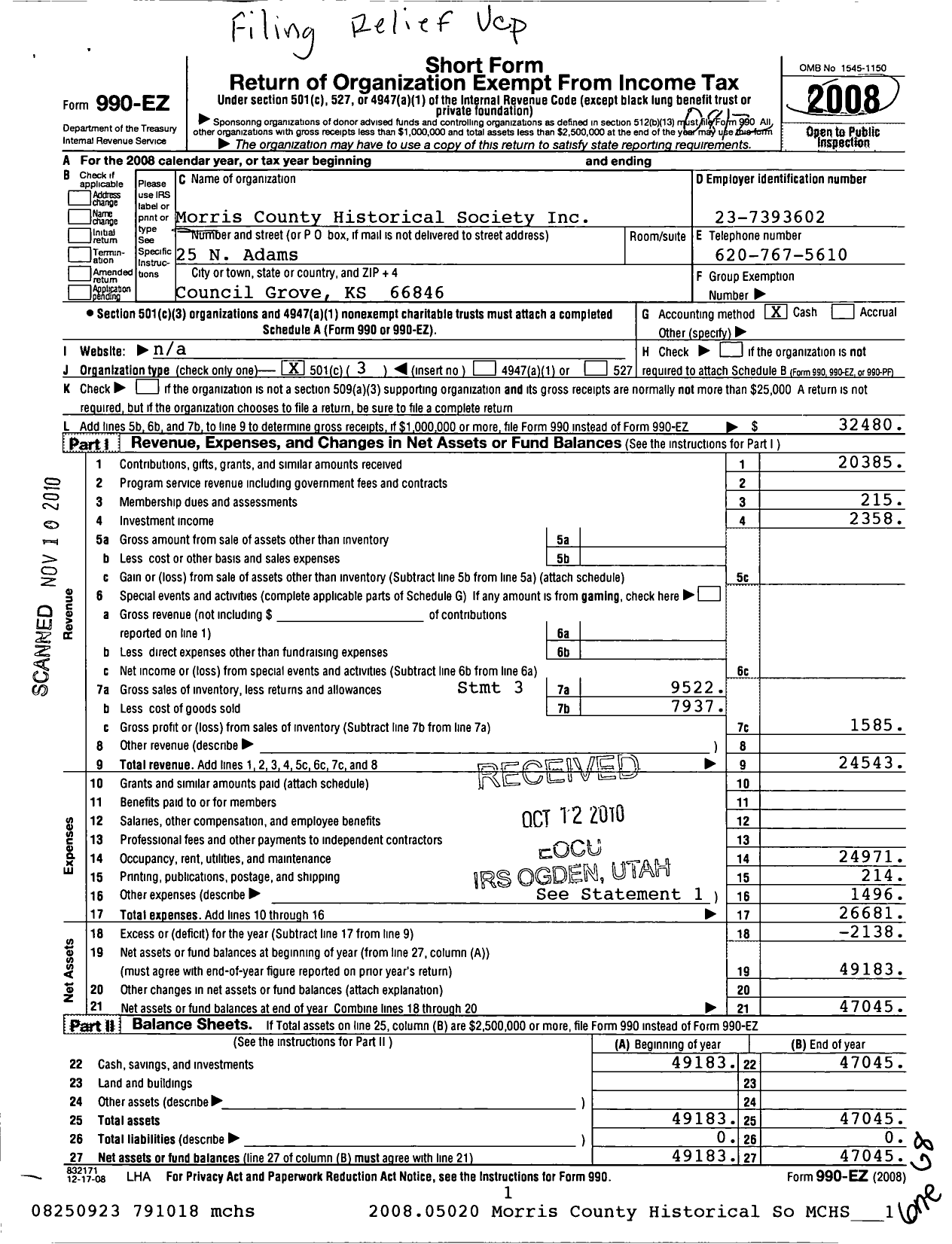 Image of first page of 2008 Form 990EZ for Morris County Historical Society Incorporated