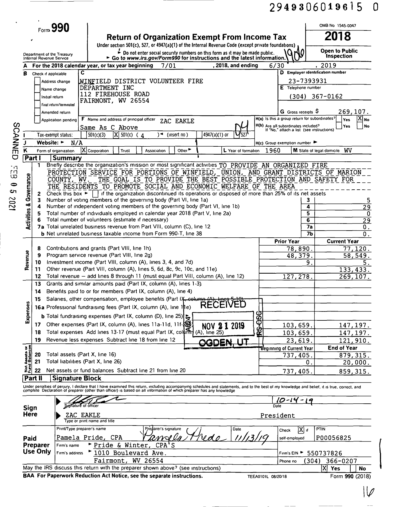 Image of first page of 2018 Form 990O for Winfield District Volunteer Fire Department Department