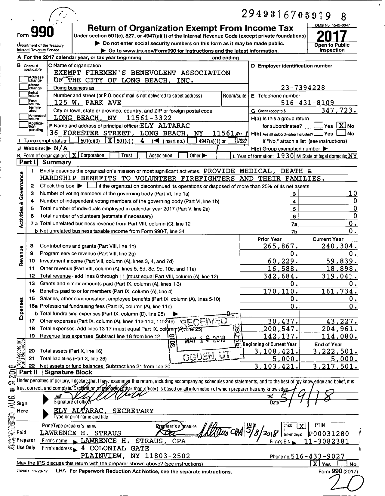 Image of first page of 2017 Form 990O for Firemens Benevolent Association of the City of Long Beach