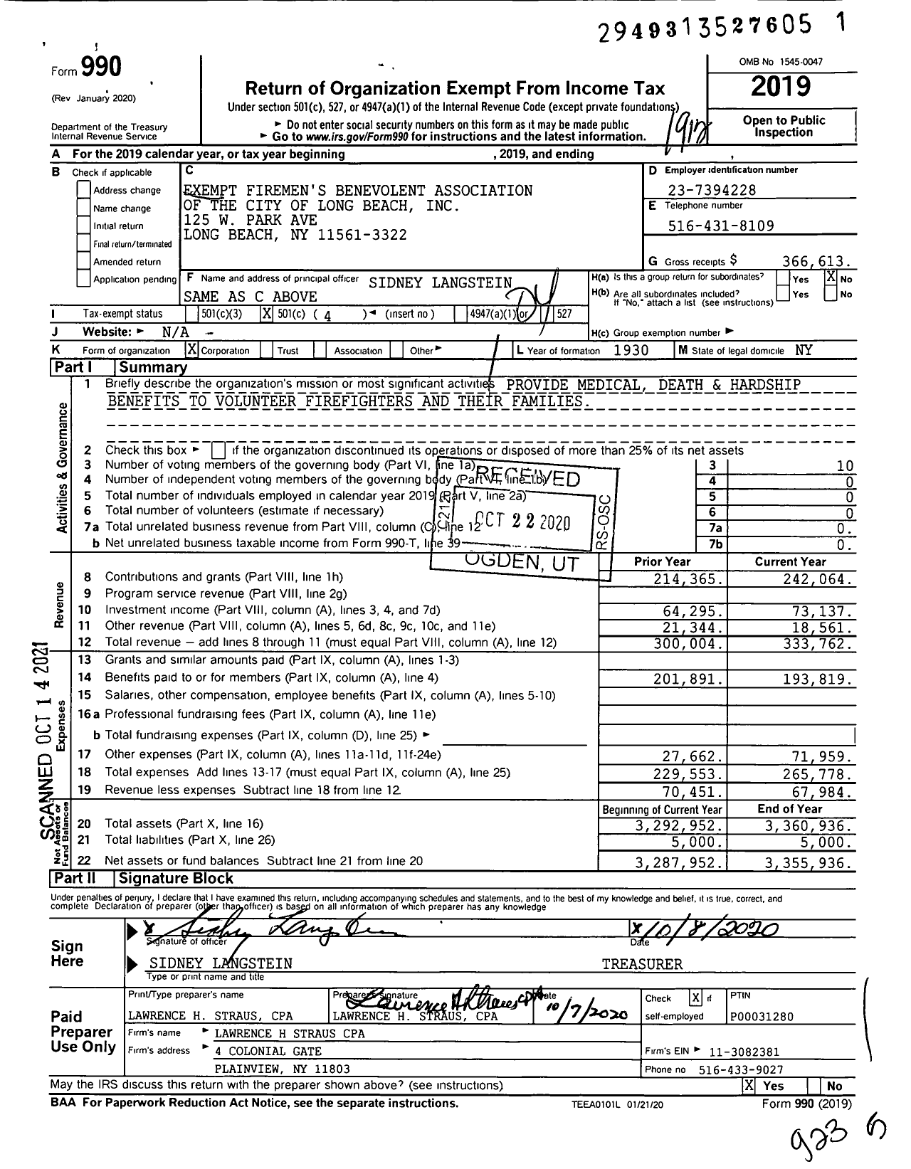 Image of first page of 2019 Form 990O for Firemens Benevolent Association of the City of Long Beach