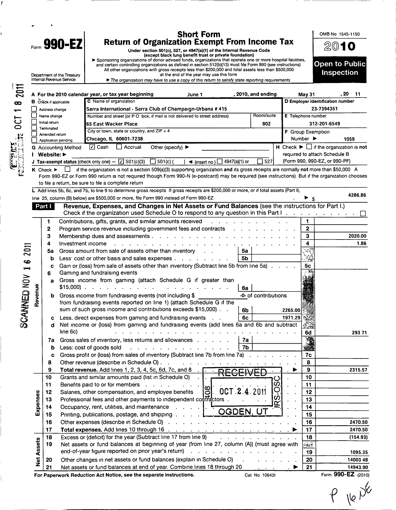 Image of first page of 2010 Form 990EZ for Serra International - 415 Champaign-Urbana Serra Club