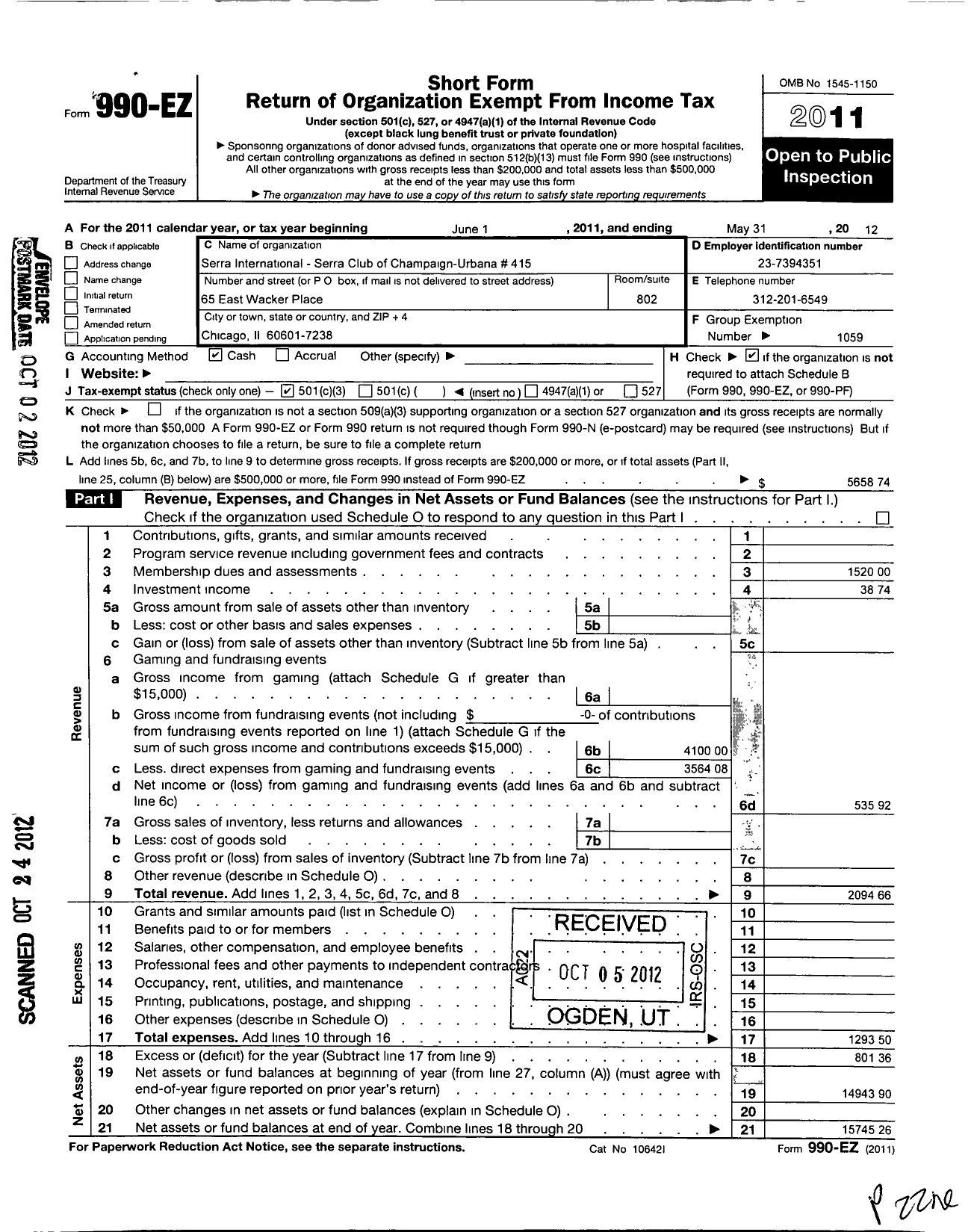 Image of first page of 2011 Form 990EZ for Serra International - 415 Champaign-Urbana Serra Club