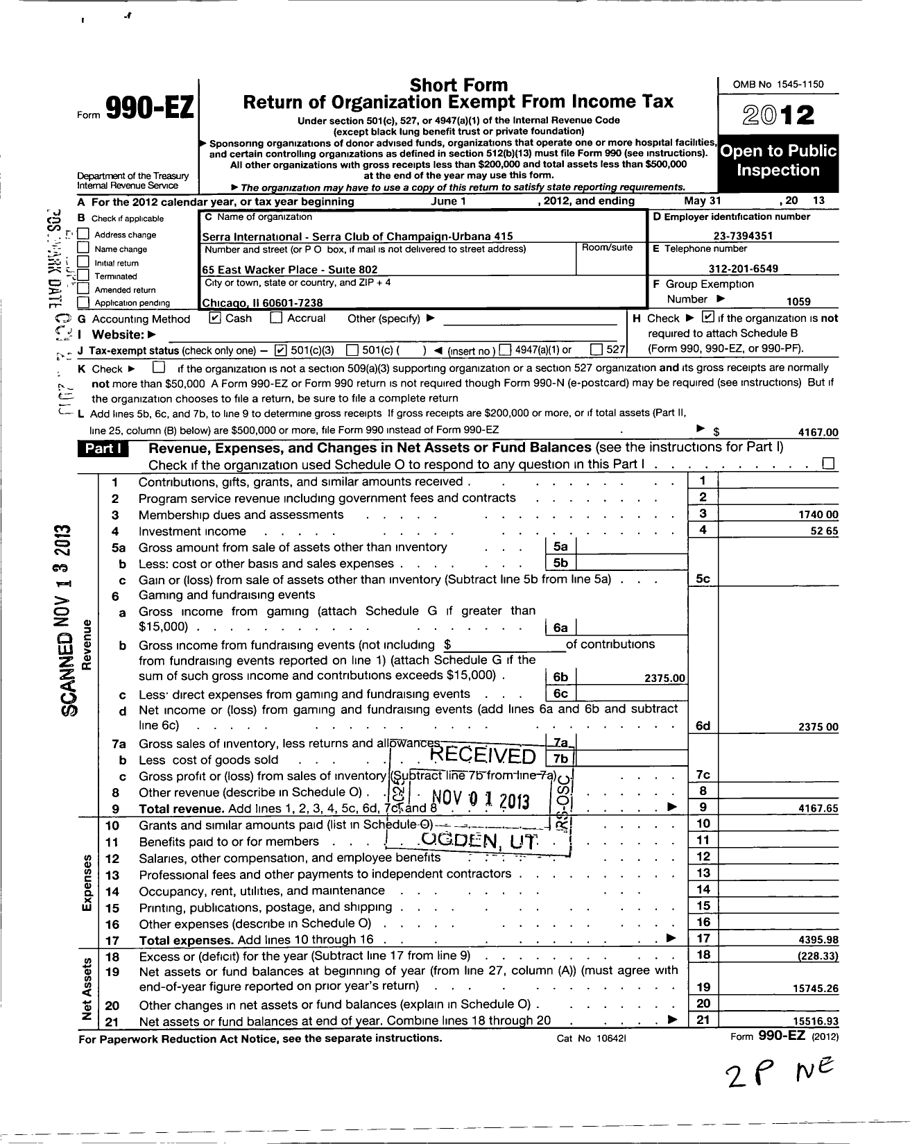 Image of first page of 2012 Form 990EZ for Serra International - 415 Champaign-Urbana Serra Club